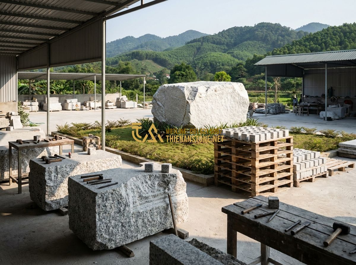 Ưu Nhược Điểm Đá Cubic Lát Sân: Có Nên Chọn Không? Lưu Ý Quan Trọng Khi Thi Công - Hình 7 Ưu Nhược Điểm Đá Cubic Lát Sân: Có Nên Chọn Không? Lưu Ý Quan Trọng Khi Thi Công - Tạo ảnh tiếng Anh: A panoramic view of the Thien An Stone workshop in Phu Tho. S
