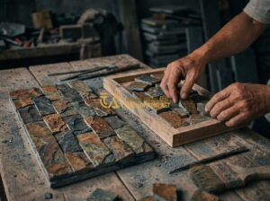Ưu Nhược Điểm Đá Ghép Tự Nhiên Ốp Tường So Với Các Loại Đá Khác - Tạo ảnh tiếng Anh: A professional close-up shot of natural split stone ledger pa