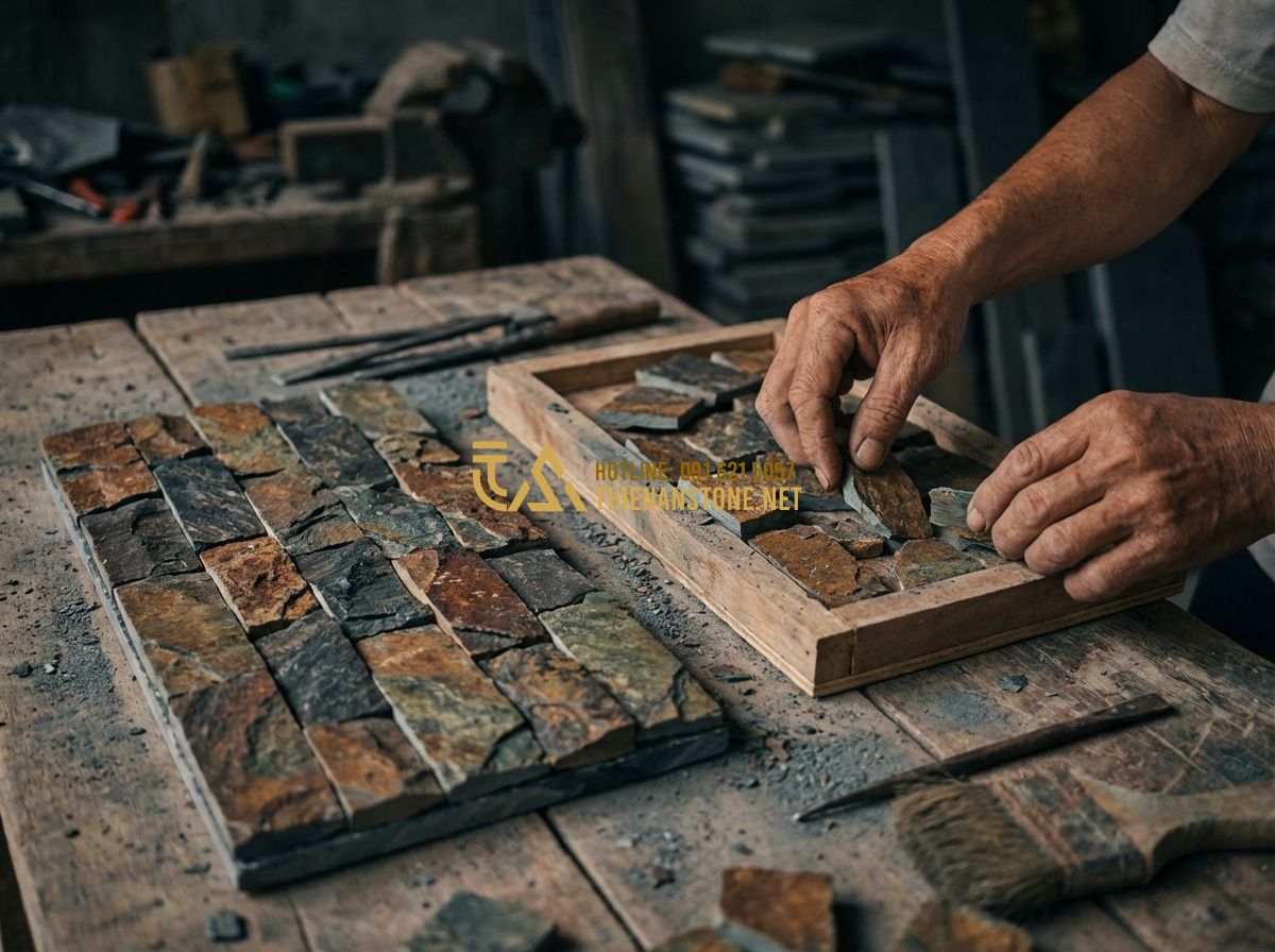 Ưu Nhược Điểm Đá Ghép Tự Nhiên Ốp Tường So Với Các Loại Đá Khác - Tạo ảnh tiếng Anh: A professional close-up shot of natural split stone ledger pa