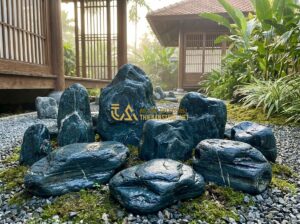 Ưu Nhược Điểm Đá Xanh Nhật Bản So Với Đá Xanh Việt Nam Và Đá Granite - Tạo ảnh tiếng Anh: A high-end architectural landscape featuring deep blue Japane