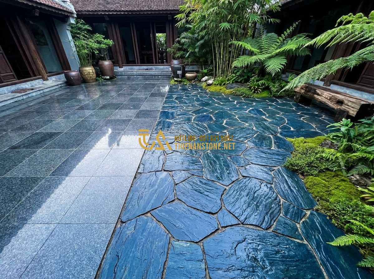 Ưu Nhược Điểm Đá Xanh Nhật Bản So Với Đá Xanh Việt Nam Và Đá Granite - Tạo ảnh tiếng Anh: A luxury residential entrance where one side is paved with po