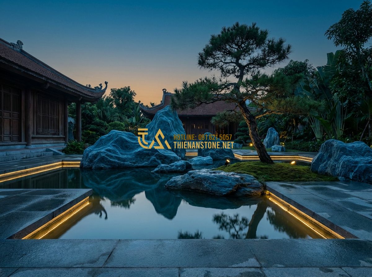 Ưu Nhược Điểm Đá Xanh Nhật Bản So Với Đá Xanh Việt Nam Và Đá Granite - Tạo ảnh tiếng Anh: A final wide-angle shot of the completed garden by Anh Quốc.