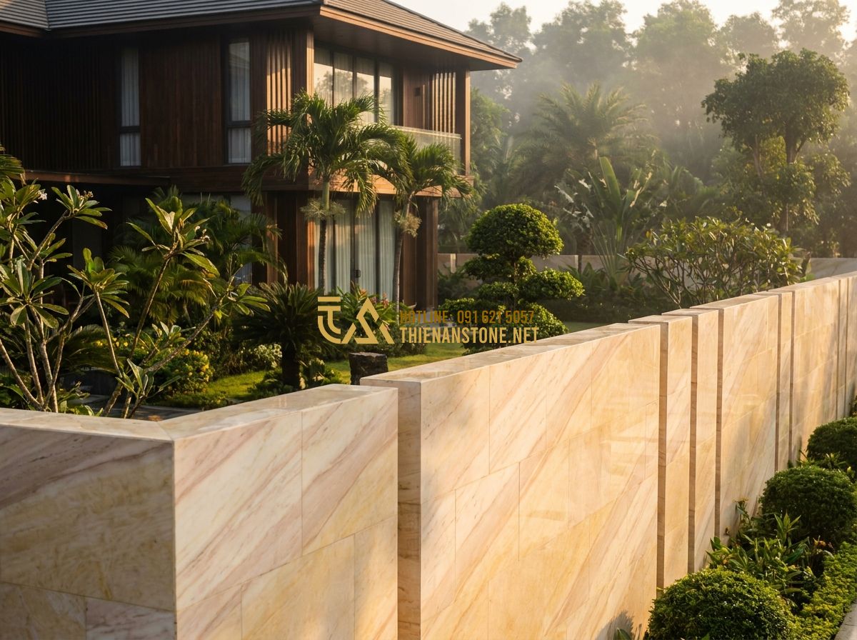 Ưu Nhược Điểm Hàng Rào Đá Tự Nhiên So Với Hàng Rào Sắt & Bê Tông - Tạo ảnh tiếng Anh: Professional architectural photography of a luxury villa surr