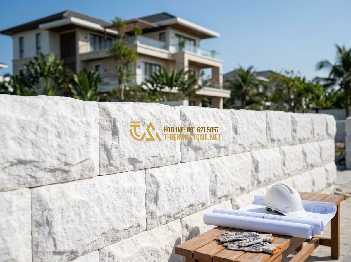 Ưu Nhược Điểm Hàng Rào Đá Tự Nhiên So Với Hàng Rào Sắt & Bê Tông - Tạo ảnh tiếng Anh: A satisfied customer shaking hands with a professional site m