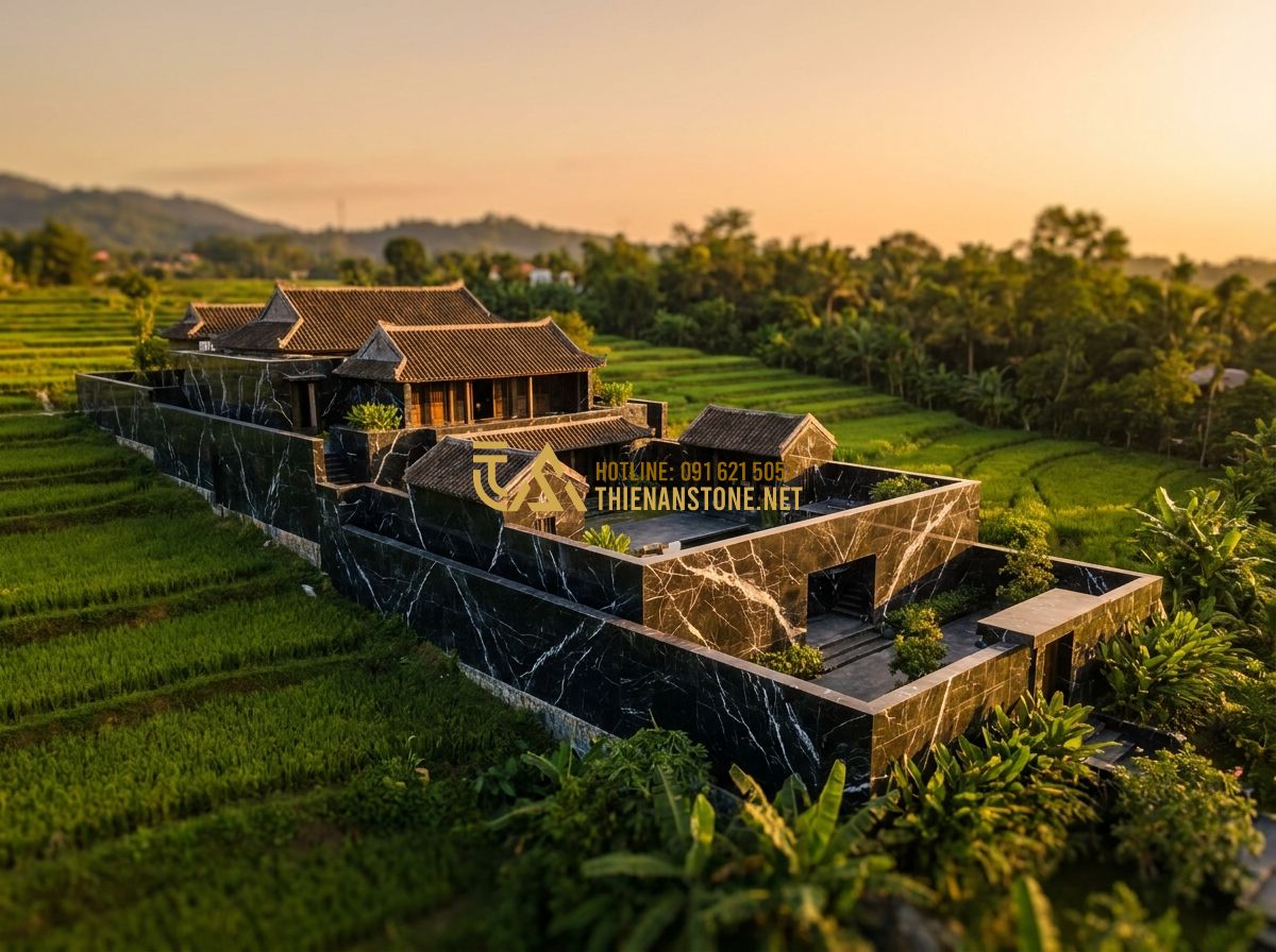 Ưu Nhược Điểm Hàng Rào Đá Tự Nhiên So Với Hàng Rào Sắt & Bê Tông - Tạo ảnh tiếng Anh: Wide panoramic drone shot of a beautiful villa complex with s