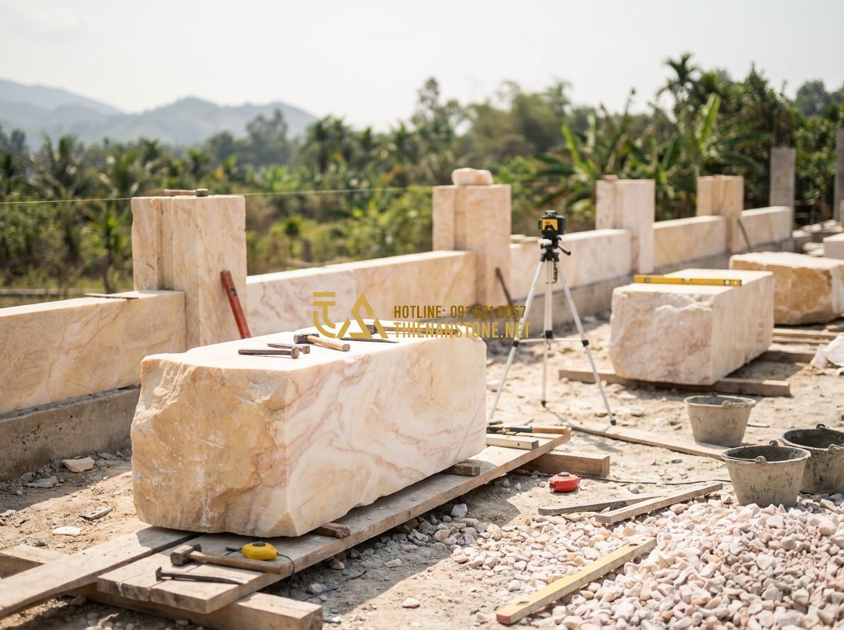 Ưu Nhược Điểm Hàng Rào Đá Tự Nhiên So Với Hàng Rào Sắt & Bê Tông - Tạo ảnh tiếng Anh: Skilled craftsmen working on a luxury stone fence constructio