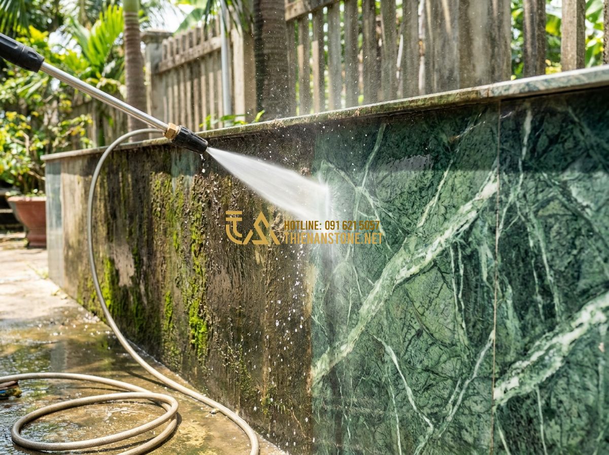 Ưu Nhược Điểm Hàng Rào Đá Tự Nhiên So Với Hàng Rào Sắt & Bê Tông - Tạo ảnh tiếng Anh: A high-pressure water cleaner being used to wash a beautiful