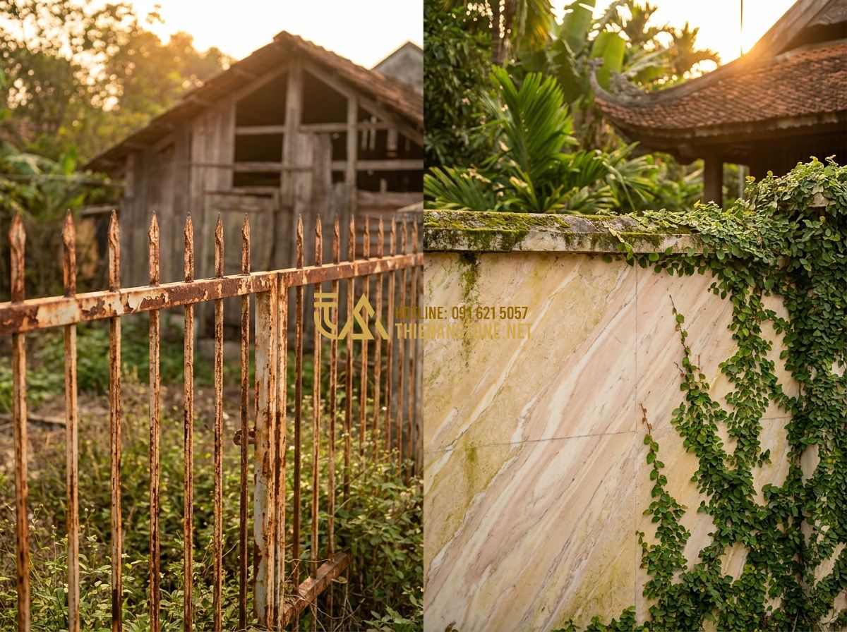 Ưu Nhược Điểm Hàng Rào Đá Tự Nhiên So Với Hàng Rào Sắt & Bê Tông - Tạo ảnh tiếng Anh: Direct comparison split screen, left side shows a rusted iron