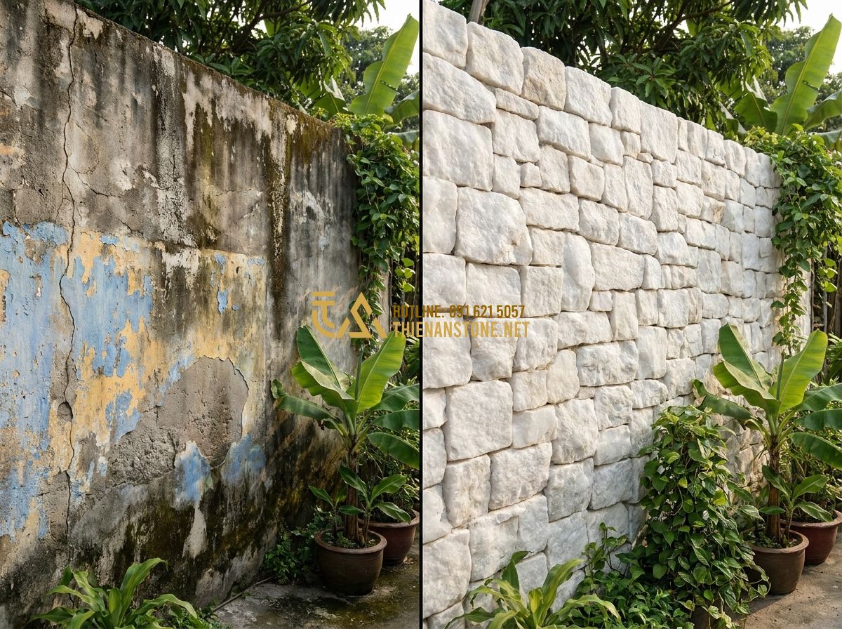Ưu Nhược Điểm Hàng Rào Đá Tự Nhiên So Với Hàng Rào Sắt & Bê Tông - Tạo ảnh tiếng Anh: Side by side illustration, left side a cracked and stained co