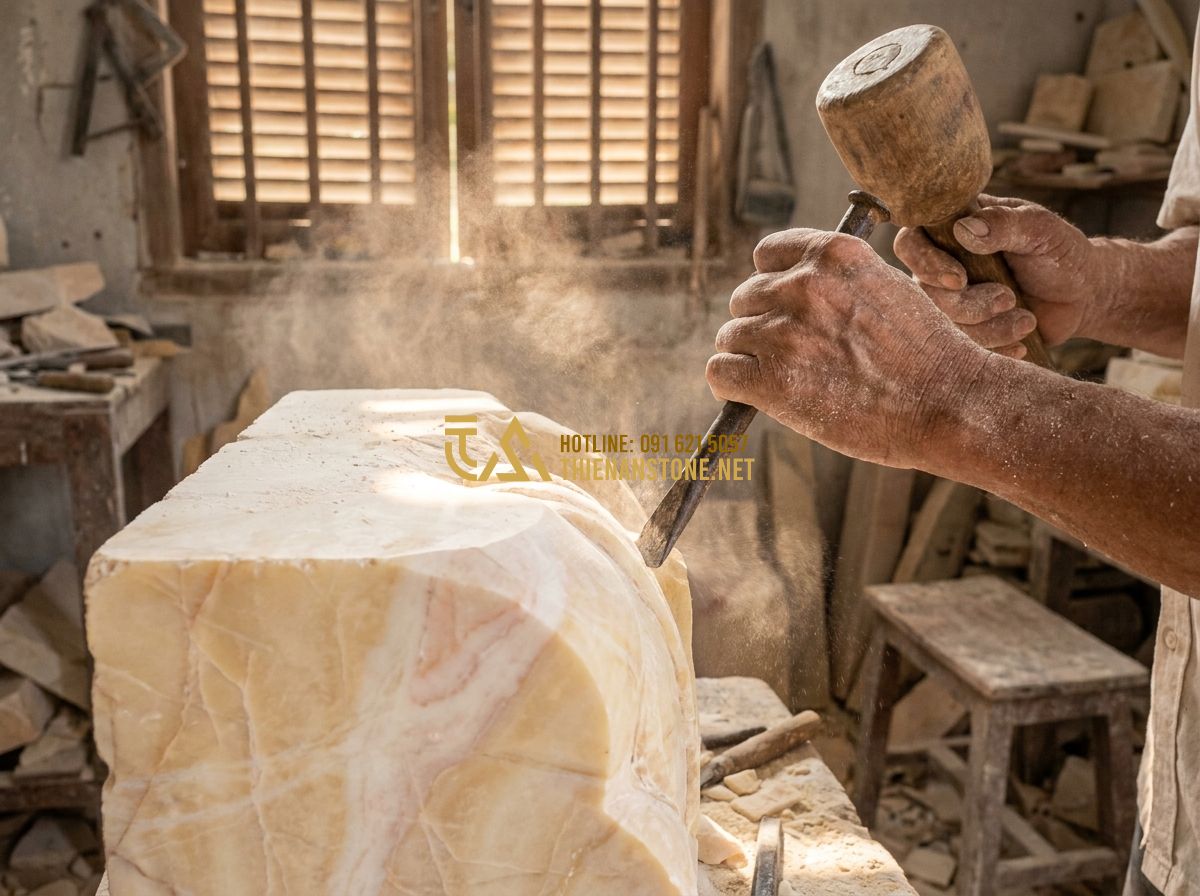 Ưu Nhược Điểm Hàng Rào Đá Tự Nhiên So Với Hàng Rào Sắt & Bê Tông - Tạo ảnh tiếng Anh: Artistic view of an artisan chiseling a piece of natural ston