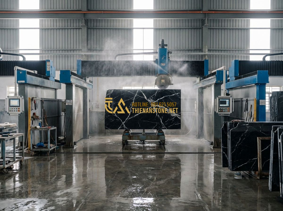 Ưu Nhược Điểm Hàng Rào Đá Tự Nhiên So Với Hàng Rào Sắt & Bê Tông - Tạo ảnh tiếng Anh: High-tech stone cutting machinery in a large workshop, master