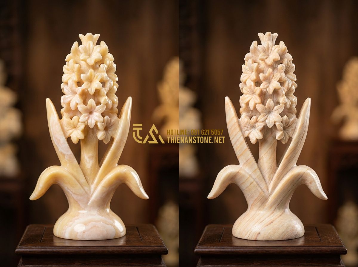 Ưu Nhược Điểm Lục Bình Đá Tự Nhiên So Với Lục Bình Đá Non Nước & Các Loại Khác - A comparison layout showing two types of stone hyacinths: one is pure white marb