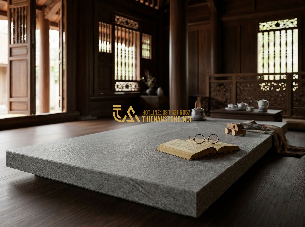 Ưu Nhược Điểm Sập Đá Tự Nhiên: Có Nên Mua Phản Đá Nguyên Khối Không? - Tạo ảnh tiếng Anh: A peaceful scene of an elder man reading a book to his grands
