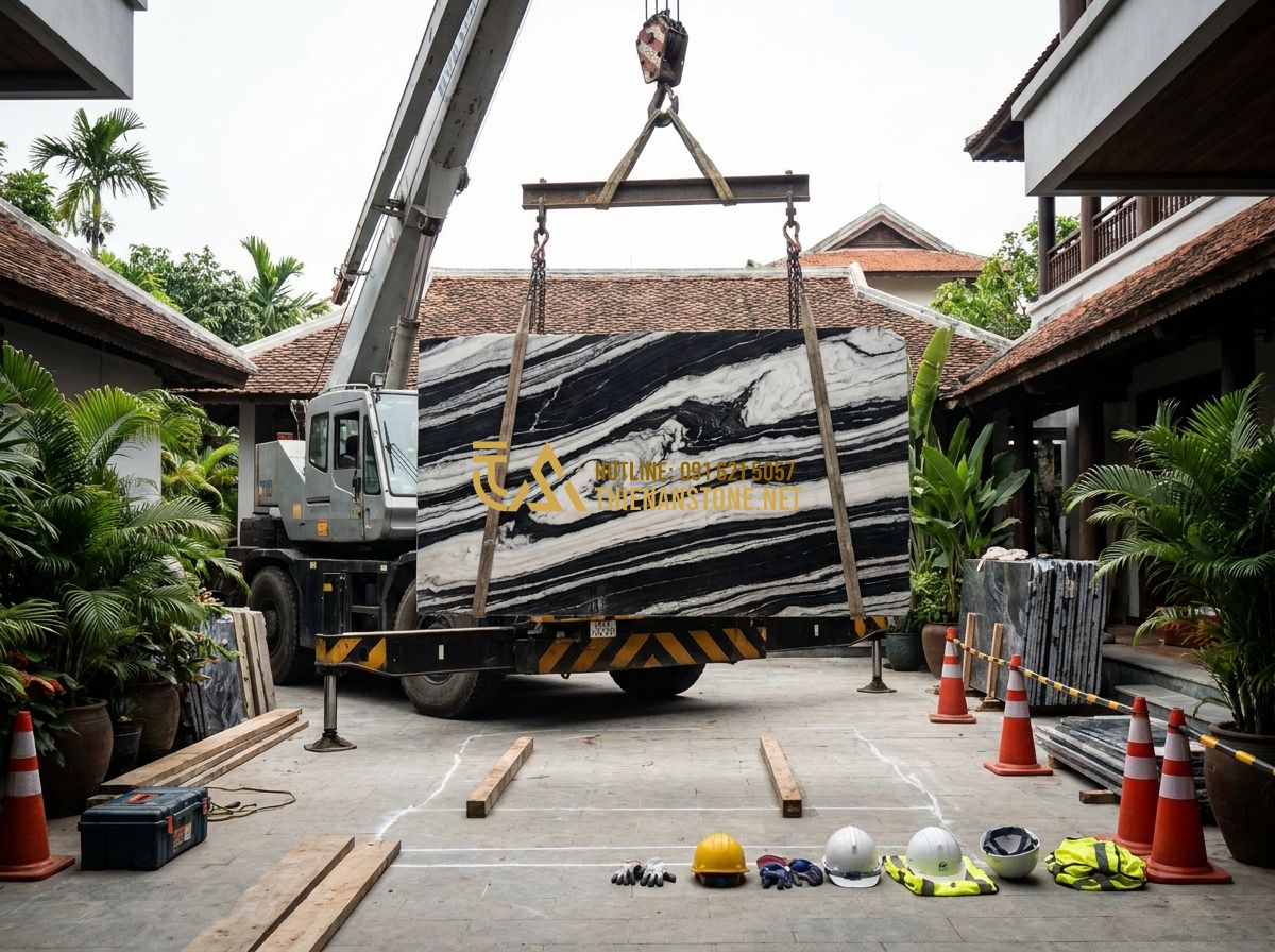 Ưu Nhược Điểm Sập Đá Tự Nhiên: Có Nên Mua Phản Đá Nguyên Khối Không? - Tạo ảnh tiếng Anh: A heavy-duty crane carefully lifting a massive, polished ston