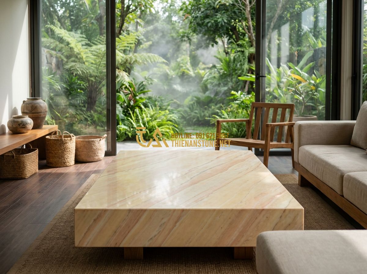 Ưu Nhược Điểm Sập Đá Tự Nhiên: Có Nên Mua Phản Đá Nguyên Khối Không? - Tạo ảnh tiếng Anh: An elegant living room in a modern villa featuring a minimali