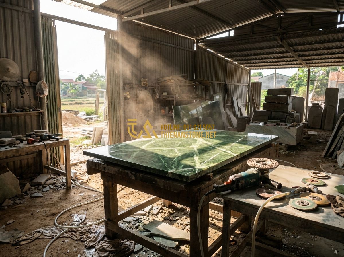 Ưu Nhược Điểm Sập Đá Tự Nhiên: Có Nên Mua Phản Đá Nguyên Khối Không? - Tạo ảnh tiếng Anh: Skilled Vietnamese stone artisans at Thien An workshop in Phu