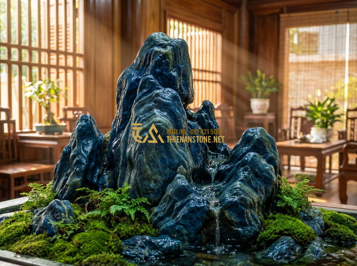 Vật Liệu Làm Hòn Non Bộ: Nên Dùng Đá Cuội, Xi Măng Hay Xốp? - Tạo ảnh tiếng Anh: A high-quality professional photograph of a majestic indoor m
