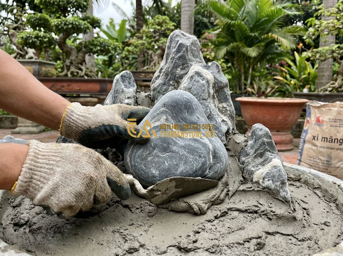 Vật Liệu Làm Hòn Non Bộ: Nên Dùng Đá Cuội, Xi Măng Hay Xốp? - Tạo ảnh tiếng Anh: A person's hands wearing work gloves, carefully placing a smo