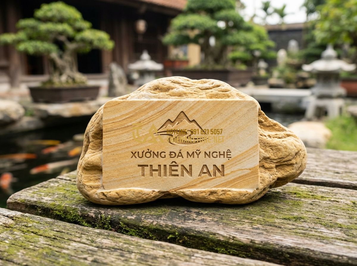 Vật Liệu Làm Hòn Non Bộ: Nên Dùng Đá Cuội, Xi Măng Hay Xốp? - Tạo ảnh tiếng Anh: A professional business card design for Xưởng Đá Mỹ Nghệ Thiê