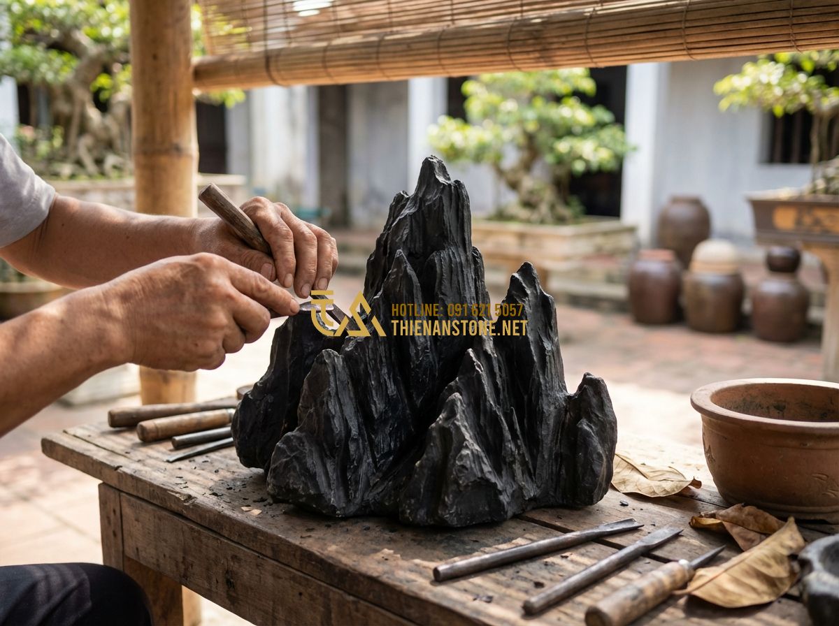 Vật Liệu Làm Hòn Non Bộ: Nên Dùng Đá Cuội, Xi Măng Hay Xốp? - Tạo ảnh tiếng Anh: A professional craftsman carefully sculpting a detailed minia