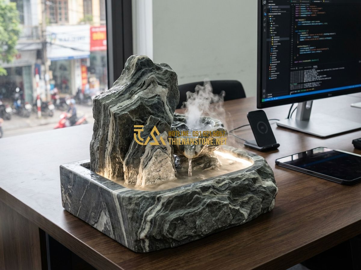Vật Liệu Làm Hòn Non Bộ: Nên Dùng Đá Cuội, Xi Măng Hay Xốp? - Tạo ảnh tiếng Anh: A modern resin-made miniature waterfall landscape with built-