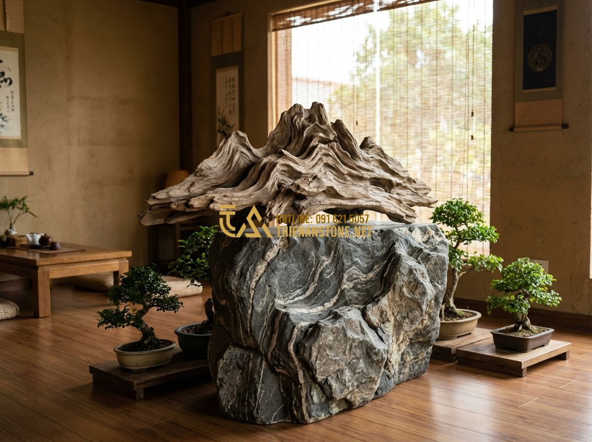 Vật Liệu Làm Hòn Non Bộ: Nên Dùng Đá Cuội, Xi Măng Hay Xốp? - Tạo ảnh tiếng Anh: A stunning natural driftwood sculpture shaped like a mountain