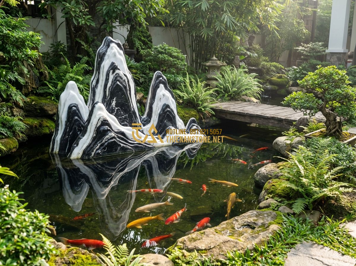 Vật Liệu Làm Hòn Non Bộ: Nên Dùng Đá Cuội, Xi Măng Hay Xốp? - Tạo ảnh tiếng Anh: A serene outdoor Hon Non Bo landscape reflecting in a clear p