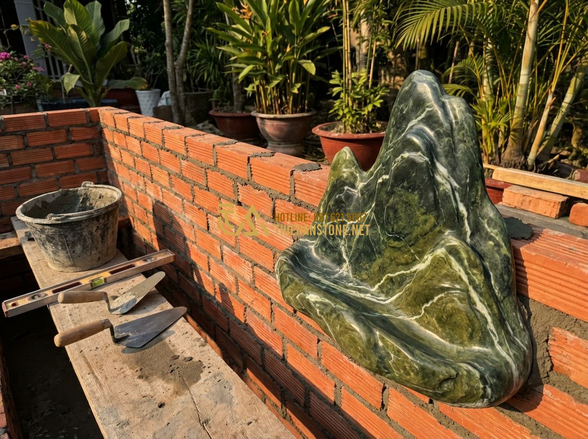 Vật Liệu Thi Công Hồ Cá Koi Nên Dùng Gì Để Độ Bền Trên 20 Năm? - Construction workers laying high-quality solid red bricks for a koi pond wall, u