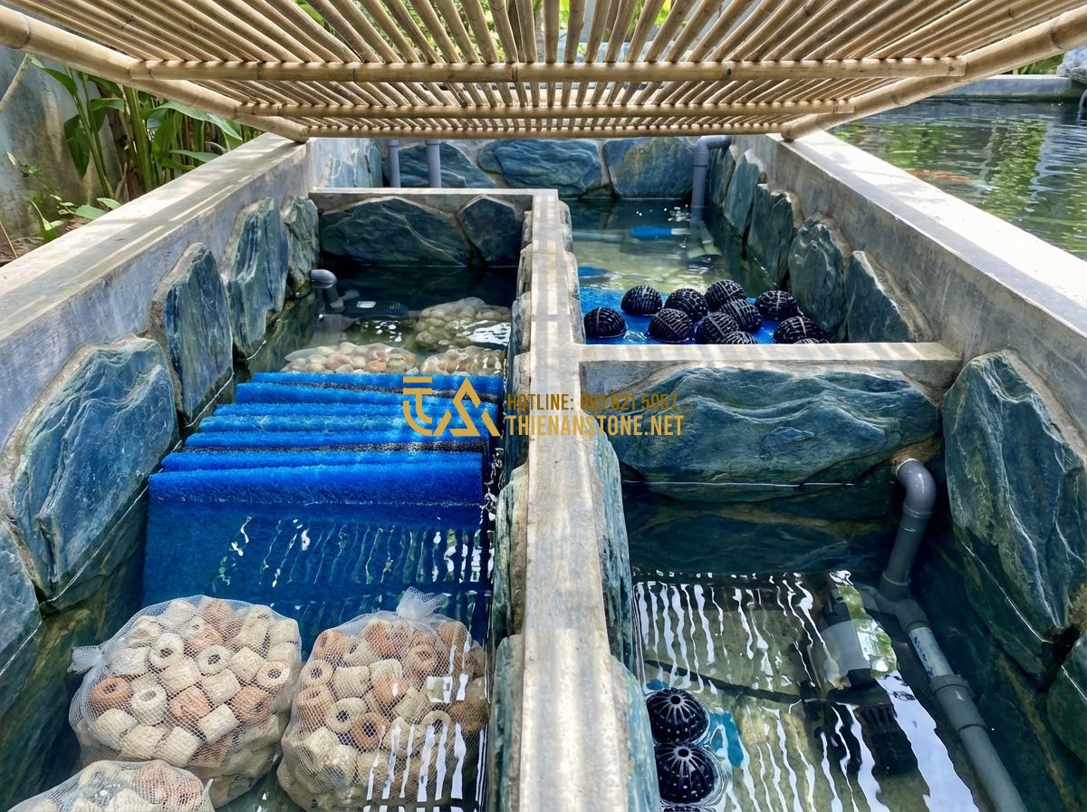 Vật Liệu Thi Công Hồ Cá Koi Nên Dùng Gì Để Độ Bền Trên 20 Năm? - Internal view of a multi-chamber koi pond filtration system, showing biological
