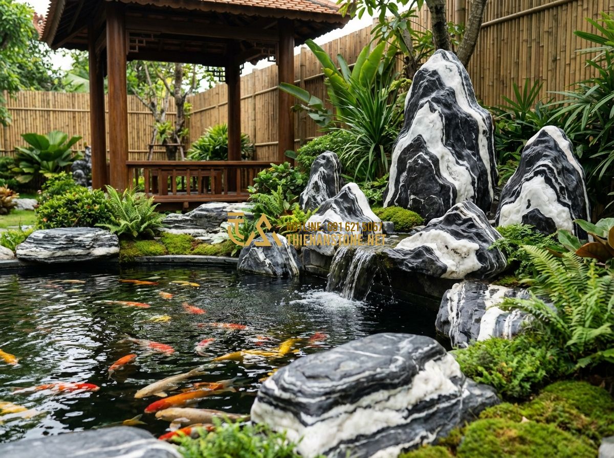 Vật Liệu Thi Công Hồ Cá Koi Nên Dùng Gì Để Độ Bền Trên 20 Năm? - Large natural weathered stones artfully arranged around the edge of a crystal cl