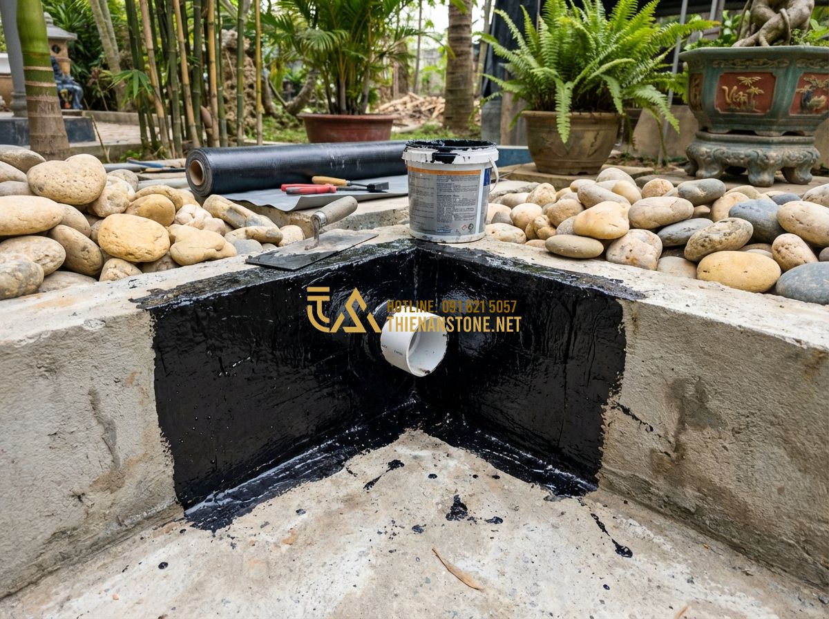 Vật Liệu Thi Công Hồ Cá Koi Nên Dùng Gì Để Độ Bền Trên 20 Năm? - Detailed close-up of a worker applying a thick black waterproof membrane layer t