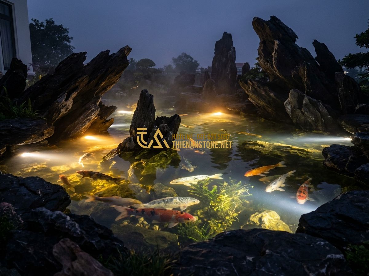 Vật Liệu Thi Công Hồ Cá Koi Nên Dùng Gì Để Độ Bền Trên 20 Năm? - Evening shot of a koi pond with sophisticated underwater LED lighting, warm gold