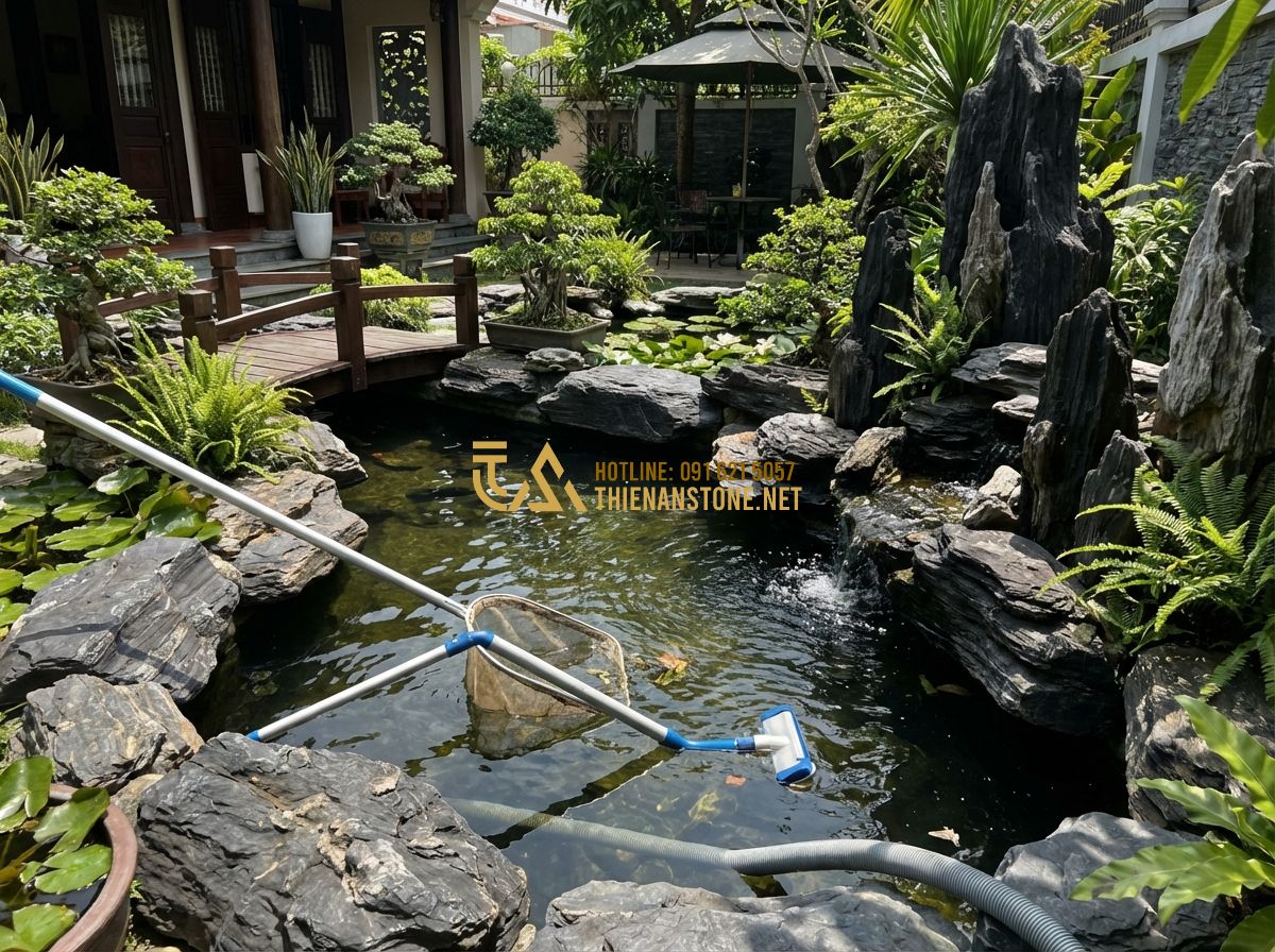 Vật Liệu Thi Công Hồ Cá Koi Nên Dùng Gì Để Độ Bền Trên 20 Năm? - A man using a long-handled net and a pond vacuum to clean debris from a beautifu