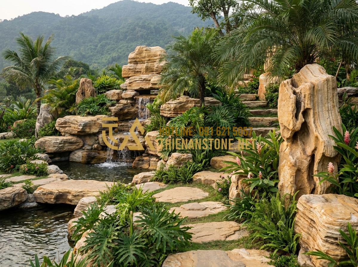 Vì Sao Đá Cổ Thạch Nghệ An Lại Được Giới Chơi Cây Cảnh Săn Lùng? - Hình 12 Vì Sao Đá Cổ Thạch Nghệ An Lại Được Giới Chơi Cây Cảnh Săn Lùng? - Luxury resort landscape using large Nghe An ancient stones for rockery, pathways