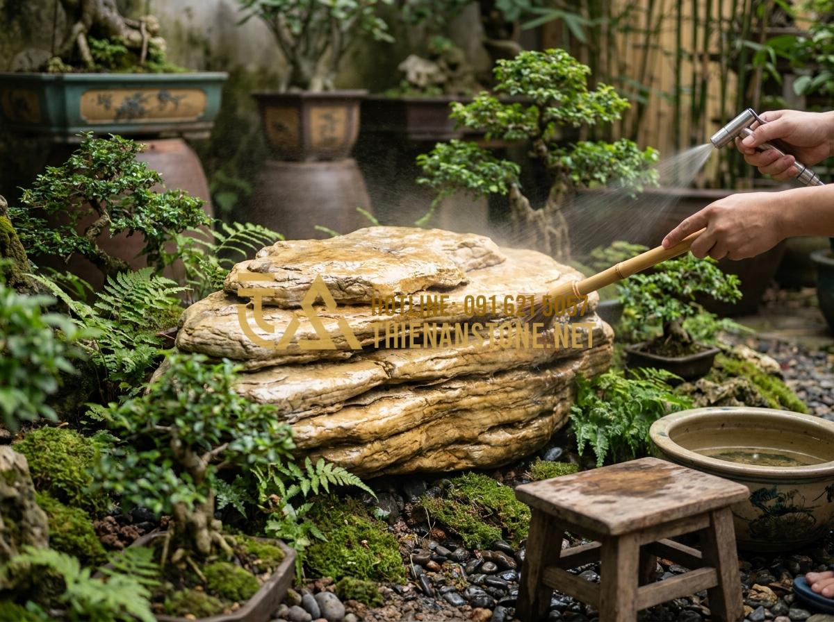 Vì Sao Đá Cổ Thạch Nghệ An Lại Được Giới Chơi Cây Cảnh Săn Lùng? - Hình 17 Vì Sao Đá Cổ Thạch Nghệ An Lại Được Giới Chơi Cây Cảnh Săn Lùng? - Maintenance process of cleaning and preserving Nghe An ancient stones with water