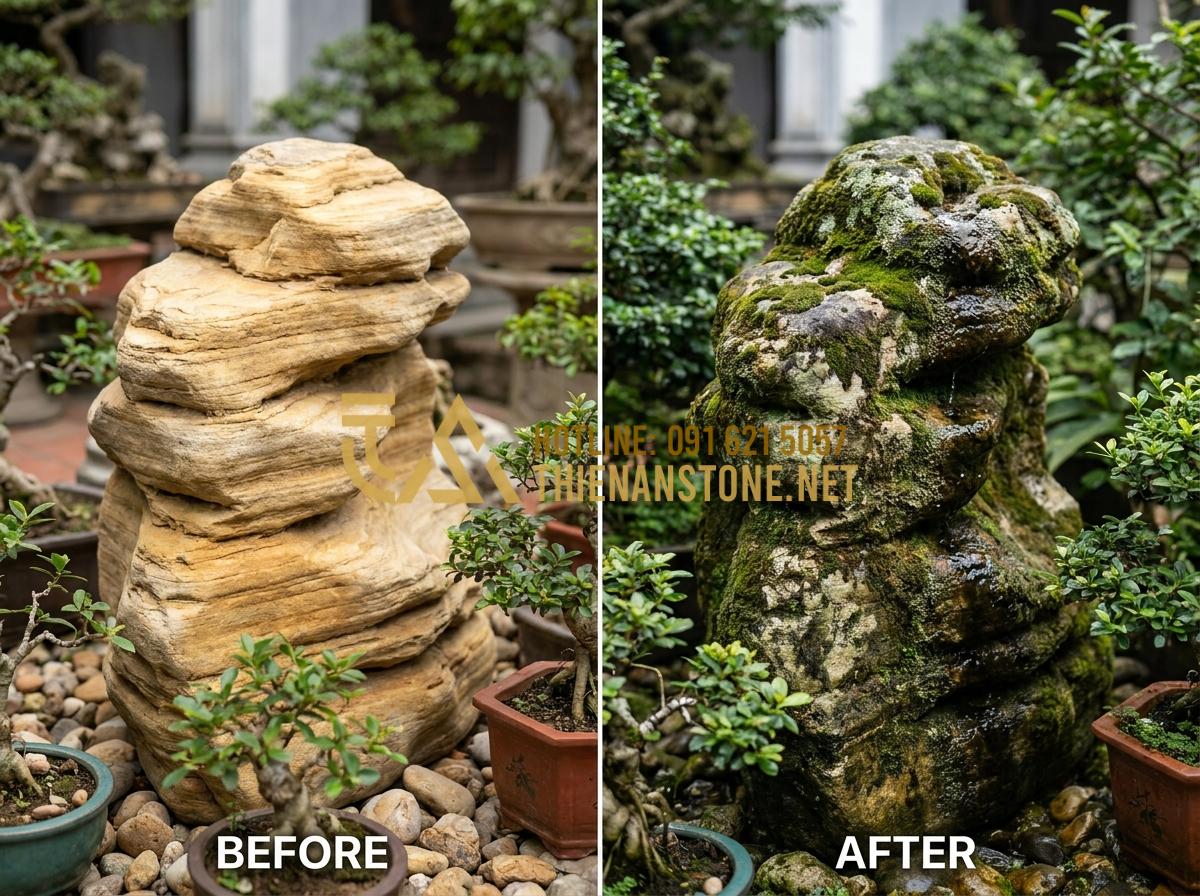 Vì Sao Đá Cổ Thạch Nghệ An Lại Được Giới Chơi Cây Cảnh Săn Lùng? - Hình 18 Vì Sao Đá Cổ Thạch Nghệ An Lại Được Giới Chơi Cây Cảnh Săn Lùng? - Before and after images of well-maintained Nghe An ancient stones showing long-t