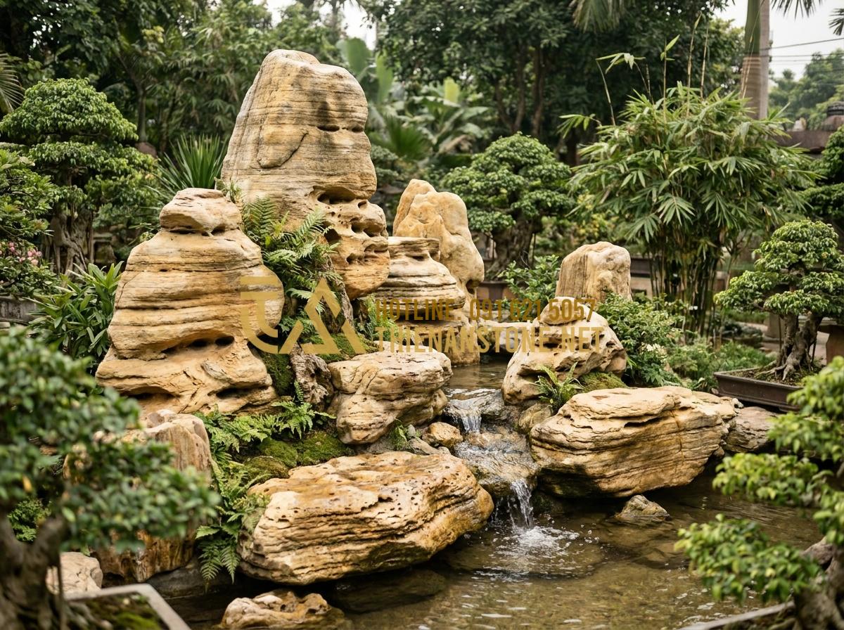 Vì Sao Đá Cổ Thạch Nghệ An Lại Được Giới Chơi Cây Cảnh Săn Lùng? - Hình 2 Vì Sao Đá Cổ Thạch Nghệ An Lại Được Giới Chơi Cây Cảnh Săn Lùng? - Wide angle shot of multiple Nghe An ancient stones arranged artistically in a Vi