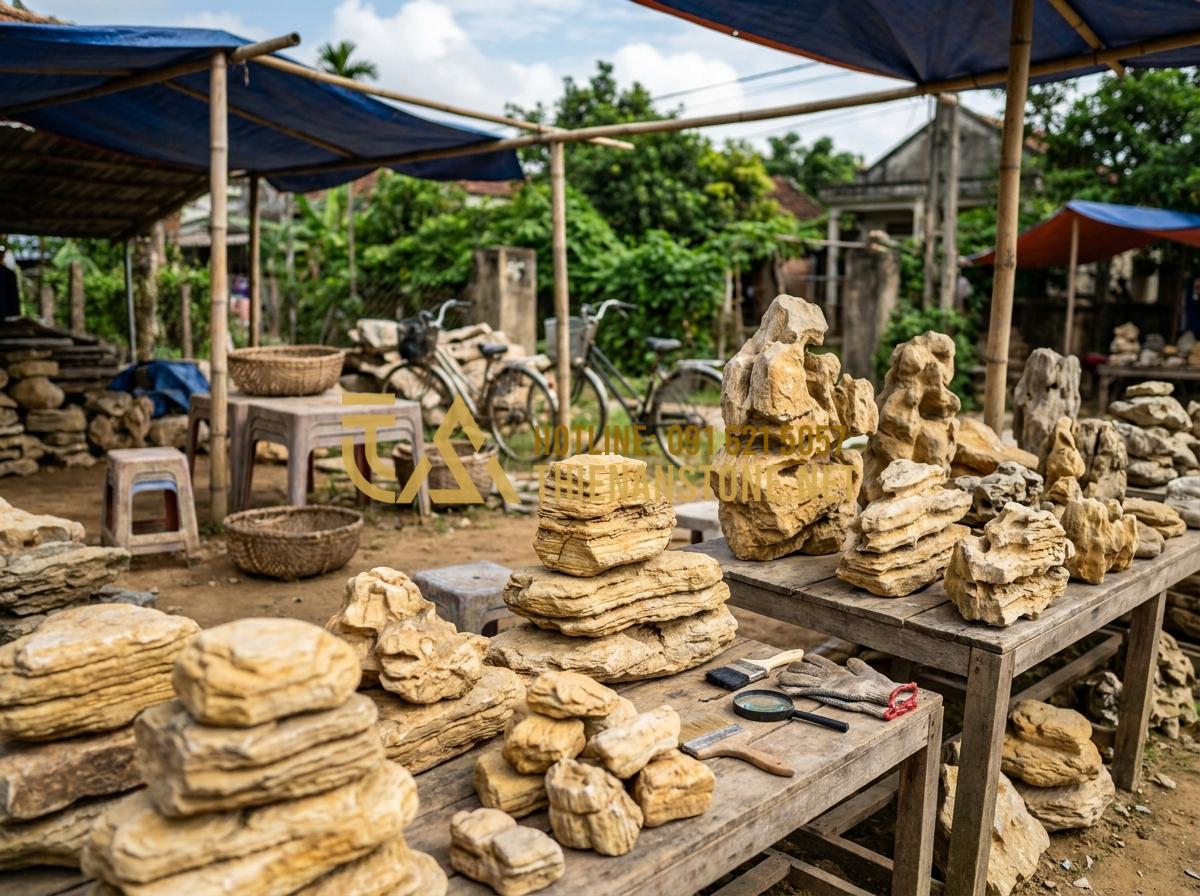 Vì Sao Đá Cổ Thạch Nghệ An Lại Được Giới Chơi Cây Cảnh Săn Lùng? - Hình 7 Vì Sao Đá Cổ Thạch Nghệ An Lại Được Giới Chơi Cây Cảnh Săn Lùng? - Enthusiastic Vietnamese bonsai enthusiasts examining and selecting Nghe An ancie