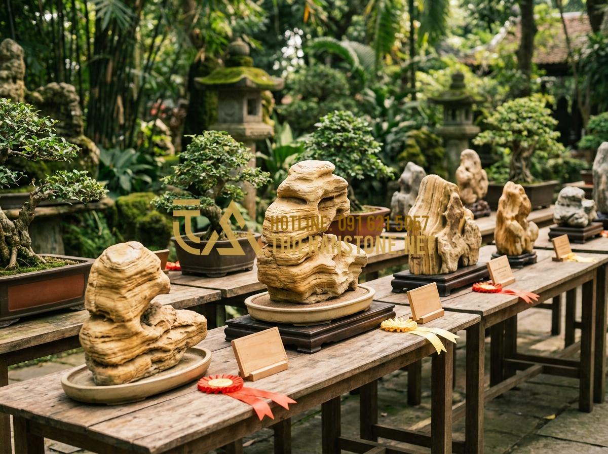 Vì Sao Đá Cổ Thạch Nghệ An Lại Được Giới Chơi Cây Cảnh Săn Lùng? - Hình 8 Vì Sao Đá Cổ Thạch Nghệ An Lại Được Giới Chơi Cây Cảnh Săn Lùng? - Group of bonsai hobbyists proudly displaying their Nghe An ancient stone collect