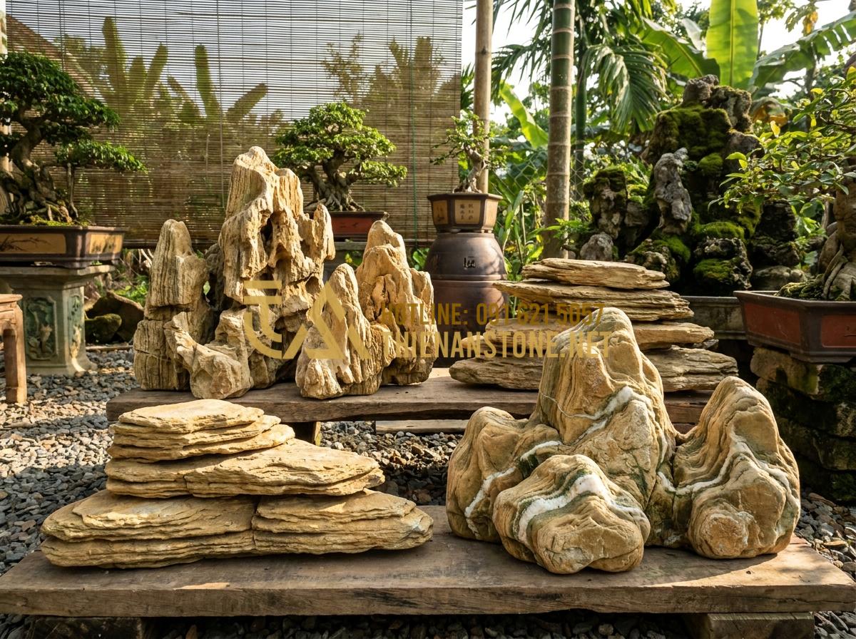 Vì Sao Đá Cổ Thạch Nghệ An Lại Được Giới Chơi Cây Cảnh Săn Lùng? - Hình 9 Vì Sao Đá Cổ Thạch Nghệ An Lại Được Giới Chơi Cây Cảnh Săn Lùng? - Variety of classified Nghe An ancient stones displayed by color yellow, green, w