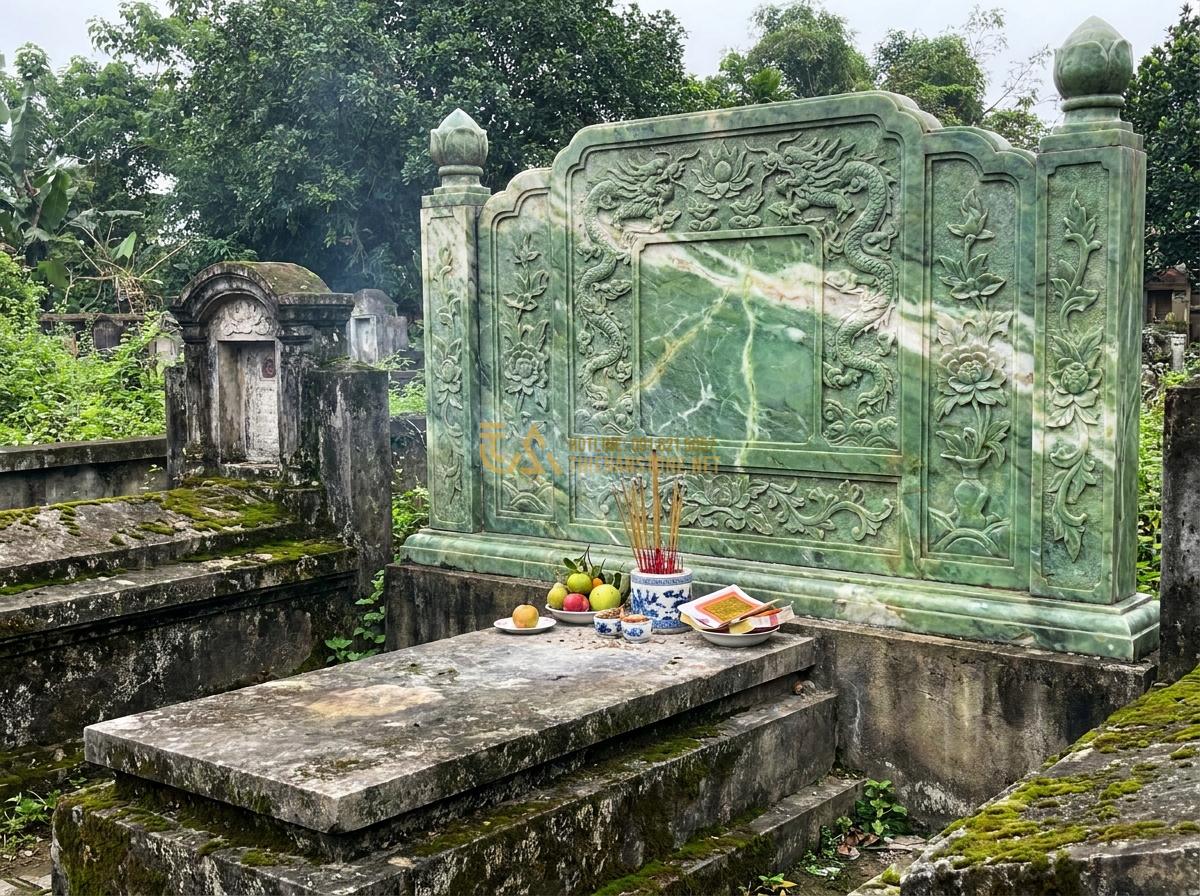 Vị Trí Đặt Cuốn Thư Đá Nghĩa Trang Giúp Trấn Trạch Và Hóa Giải Điềm Hung - Ancient stone cuon thu da in a traditional family cemetery in Vietnam, engraved