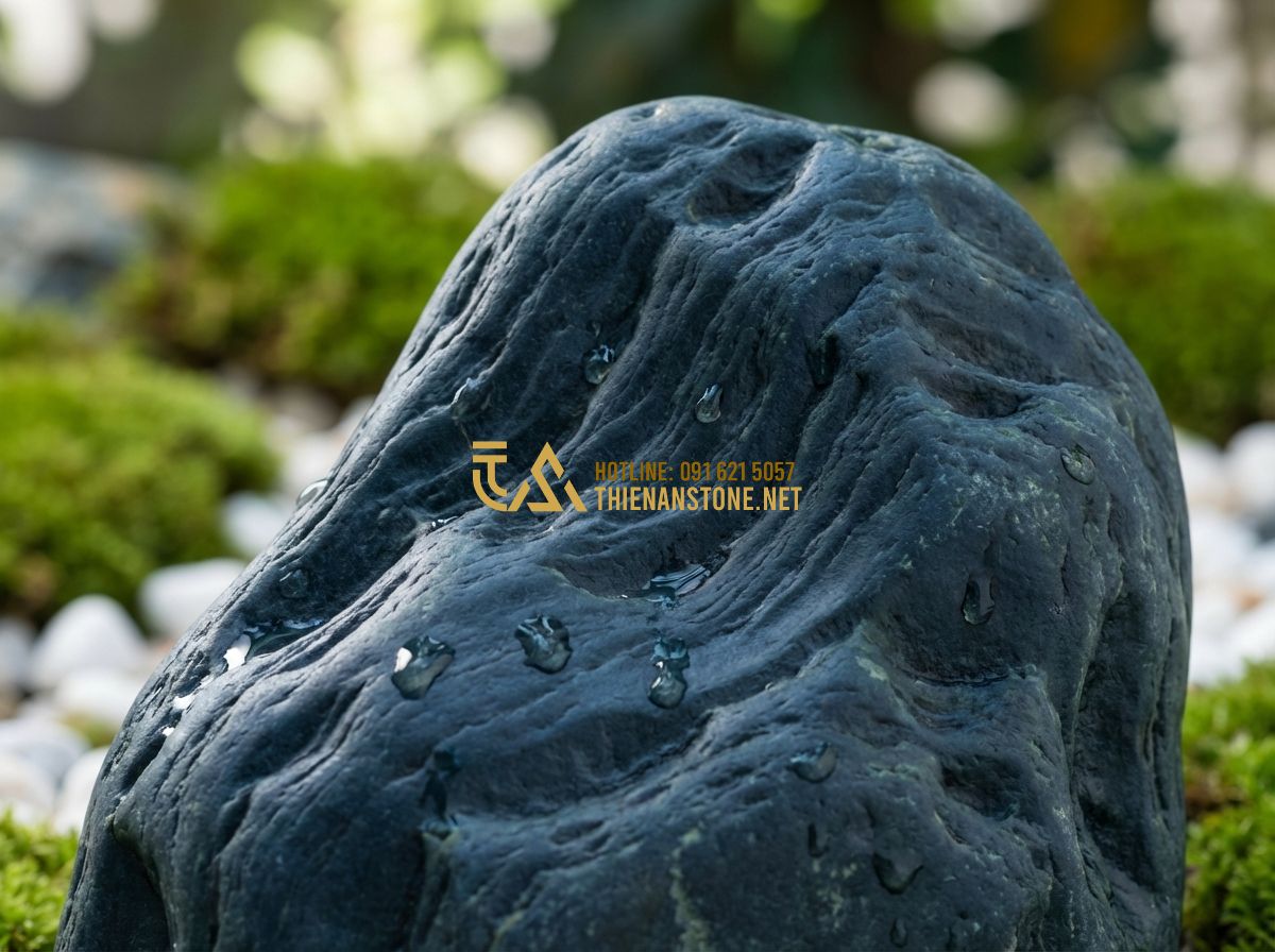 Vườn Thiền Đá Xanh Nhật Bản: Thiết Kế Vườn Zen Yên Bình, Sang Trọng Và Đúng Phong Thủy - Hình 2 Vườn Thiền Đá Xanh Nhật Bản: Thiết Kế Vườn Zen Yên Bình, Sang Trọng Và Đúng Phong Thủy - Tạo ảnh tiếng Anh: Close-up of a premium Japanese Green Stone showing its intric