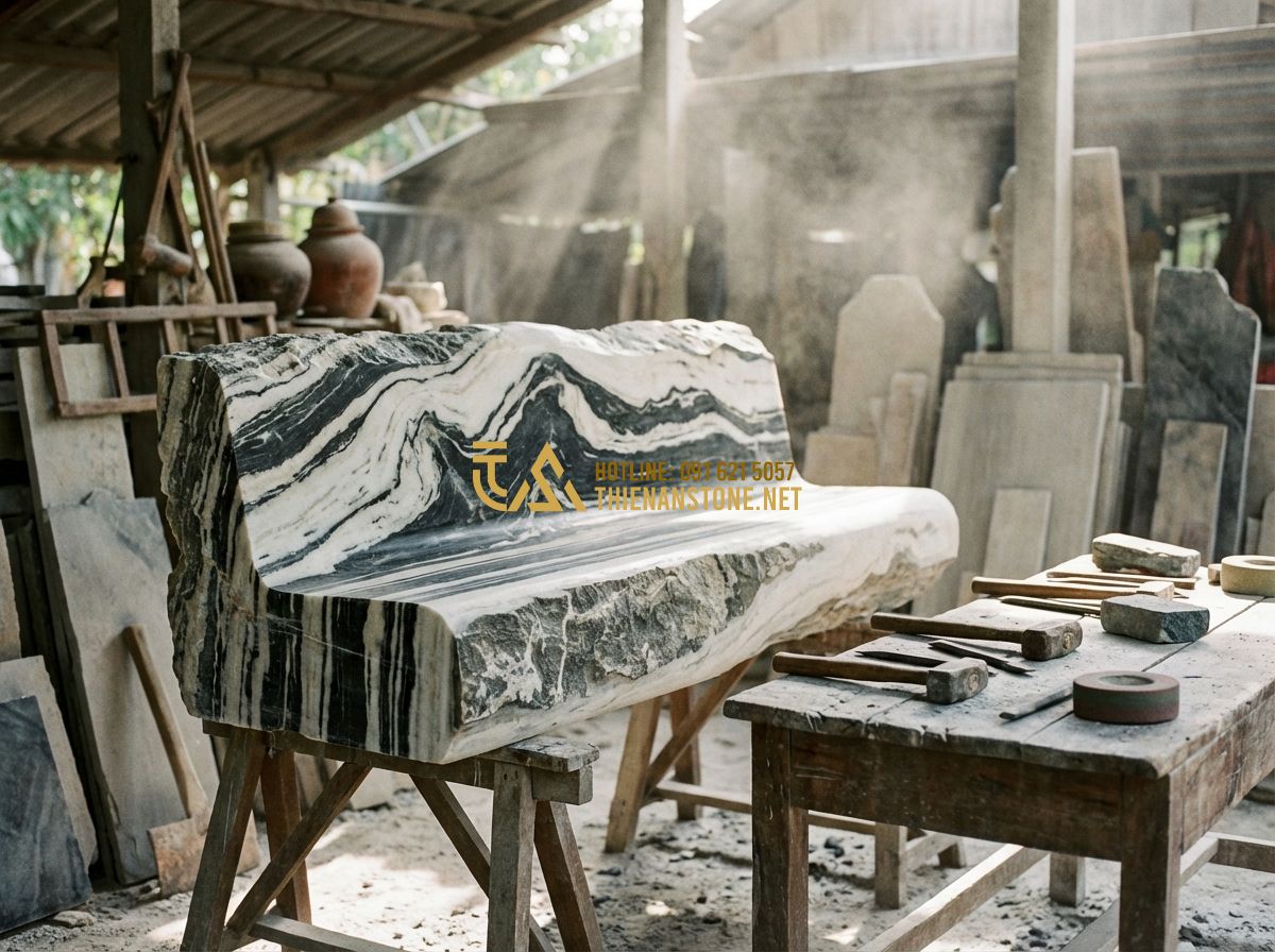 Xu Hướng Bàn Ghế Đá Tự Nhiên Sân Vườn Nguyên Khối Hot Nhất 2024-2025 - Hình 3 Xu Hướng Bàn Ghế Đá Tự Nhiên Sân Vườn Nguyên Khối Hot Nhất 2024-2025 - Tạo ảnh tiếng Anh: A master craftsman in a traditional workshop carefully carvin