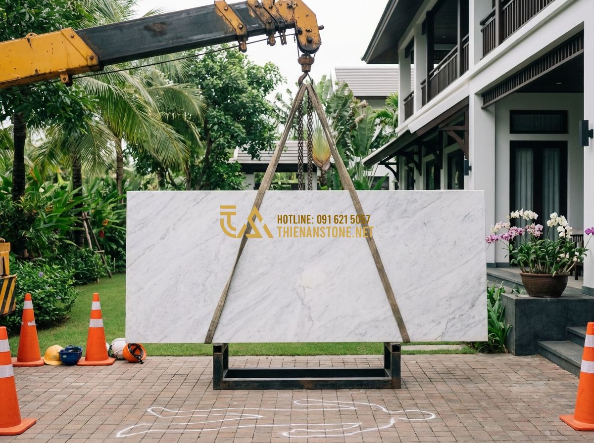 Xu Hướng Bàn Ghế Đá Tự Nhiên Sân Vườn Nguyên Khối Hot Nhất 2024-2025 - Hình 7 Xu Hướng Bàn Ghế Đá Tự Nhiên Sân Vườn Nguyên Khối Hot Nhất 2024-2025 - Tạo ảnh tiếng Anh: A heavy duty crane carefully placing a massive stone tabletop