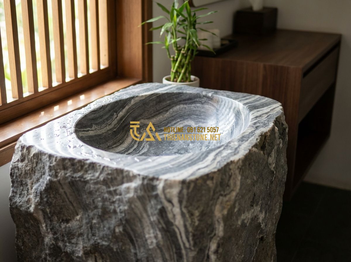Xu Hướng Lavabo Đá Tự Nhiên 2024: Màu Đen, Trắng Và Đá Cuội Đang Hot Nhất - Hình 1 Xu Hướng Lavabo Đá Tự Nhiên 2024: Màu Đen, Trắng Và Đá Cuội Đang Hot Nhất - Tạo ảnh tiếng Anh: A high-end, serene bathroom interior featuring a natural ston