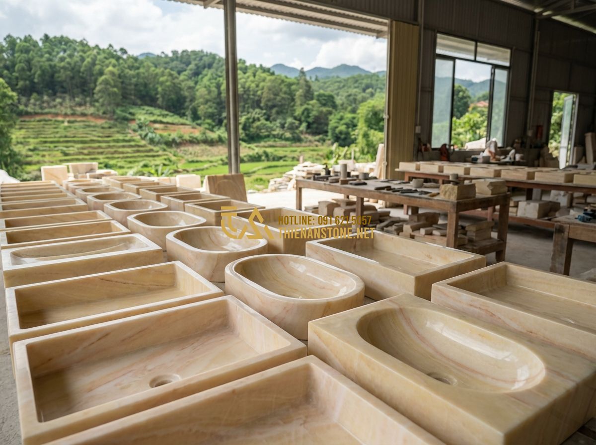 Xu Hướng Lavabo Đá Tự Nhiên 2024: Màu Đen, Trắng Và Đá Cuội Đang Hot Nhất - Hình 10 Xu Hướng Lavabo Đá Tự Nhiên 2024: Màu Đen, Trắng Và Đá Cuội Đang Hot Nhất - Tạo ảnh tiếng Anh: An expansive view of the Thien An Stone Craft Workshop. Rows