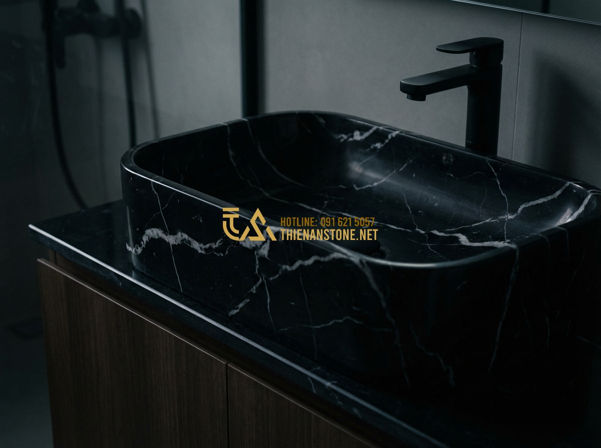 Xu Hướng Lavabo Đá Tự Nhiên 2024: Màu Đen, Trắng Và Đá Cuội Đang Hot Nhất - Hình 2 Xu Hướng Lavabo Đá Tự Nhiên 2024: Màu Đen, Trắng Và Đá Cuội Đang Hot Nhất - Tạo ảnh tiếng Anh: A sophisticated close-up of a deep black natural stone lavabo