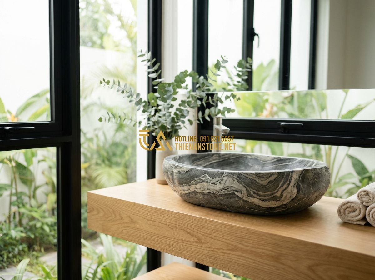 Xu Hướng Lavabo Đá Tự Nhiên 2024: Màu Đen, Trắng Và Đá Cuội Đang Hot Nhất - Hình 3 Xu Hướng Lavabo Đá Tự Nhiên 2024: Màu Đen, Trắng Và Đá Cuội Đang Hot Nhất - Tạo ảnh tiếng Anh: A bright and airy minimalist bathroom featuring a stunning wh