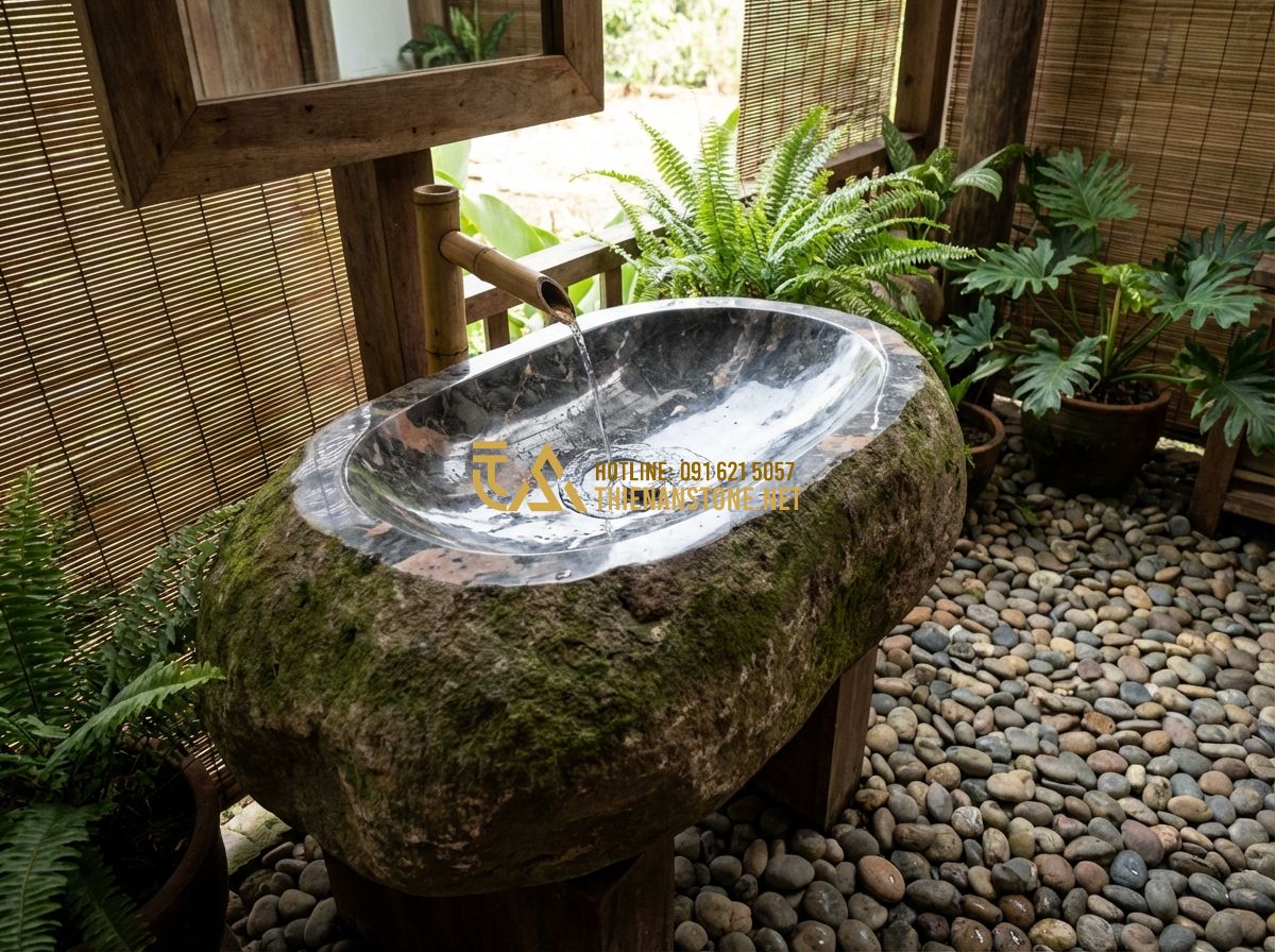 Xu Hướng Lavabo Đá Tự Nhiên 2024: Màu Đen, Trắng Và Đá Cuội Đang Hot Nhất - Hình 4 Xu Hướng Lavabo Đá Tự Nhiên 2024: Màu Đen, Trắng Và Đá Cuội Đang Hot Nhất - Tạo ảnh tiếng Anh: A rustic outdoor-style indoor bathroom featuring a large, riv