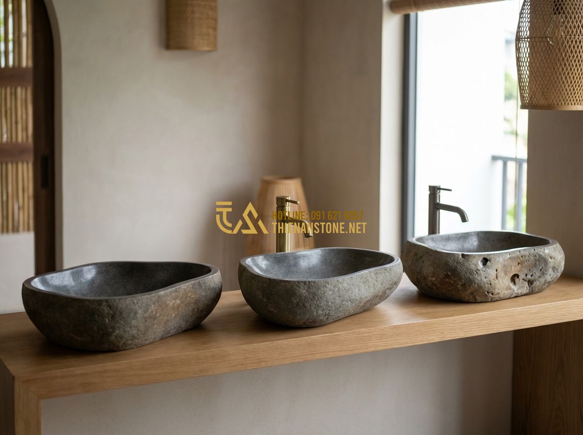 Xu Hướng Lavabo Đá Tự Nhiên 2024: Màu Đen, Trắng Và Đá Cuội Đang Hot Nhất - Hình 6 Xu Hướng Lavabo Đá Tự Nhiên 2024: Màu Đen, Trắng Và Đá Cuội Đang Hot Nhất - Tạo ảnh tiếng Anh: A high-quality professional studio layout comparing three dif